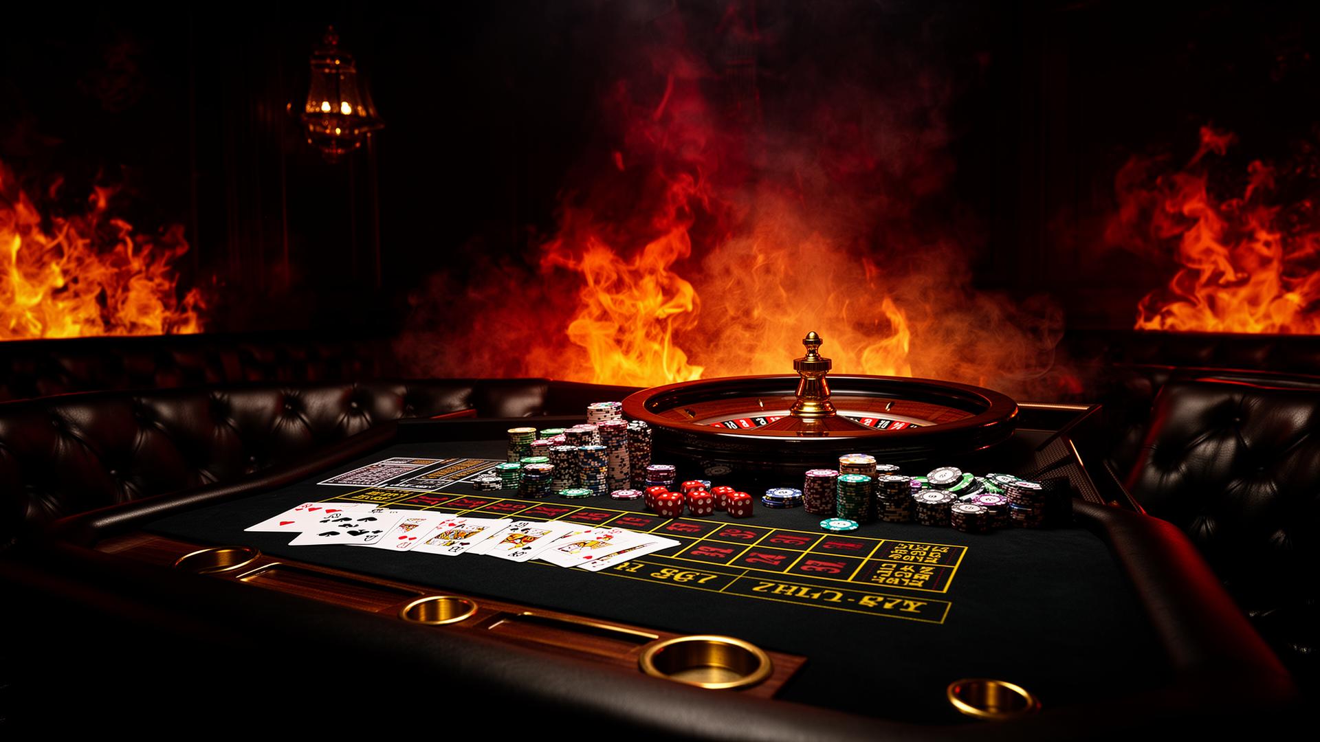 Dark luxury casino lounge with fire, chips, cards and a roulette wheel